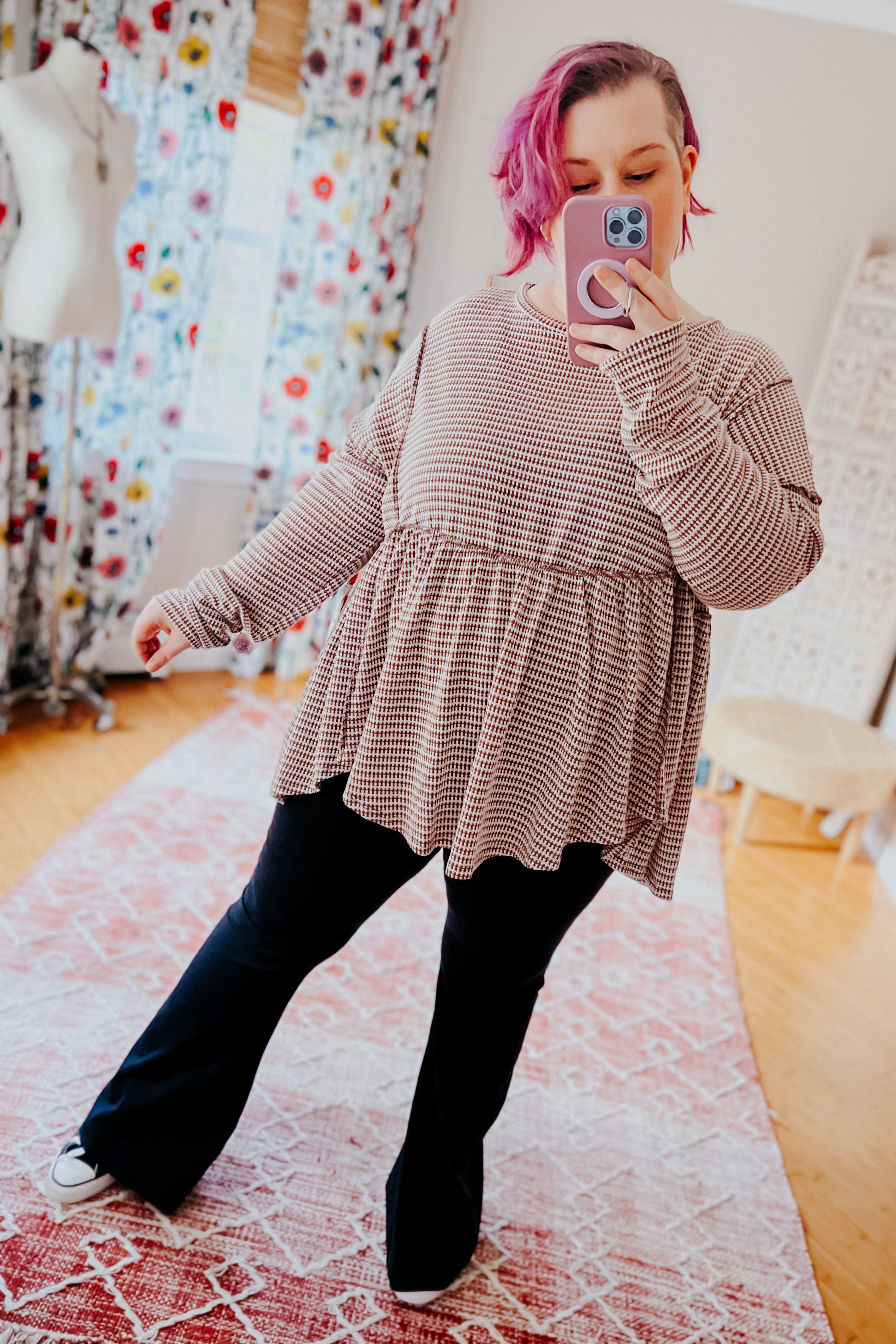 Fall Days Two Tone Jacquard Knit Babydoll Top