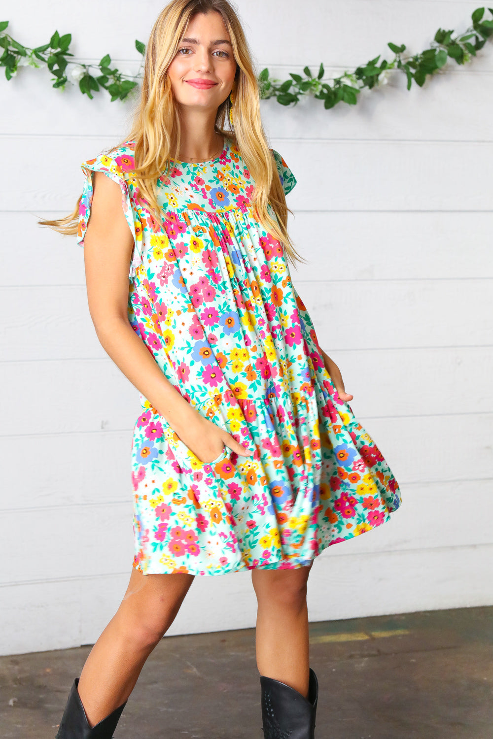 Bethany Floral Print Ruffle Frill Sleeve Dress