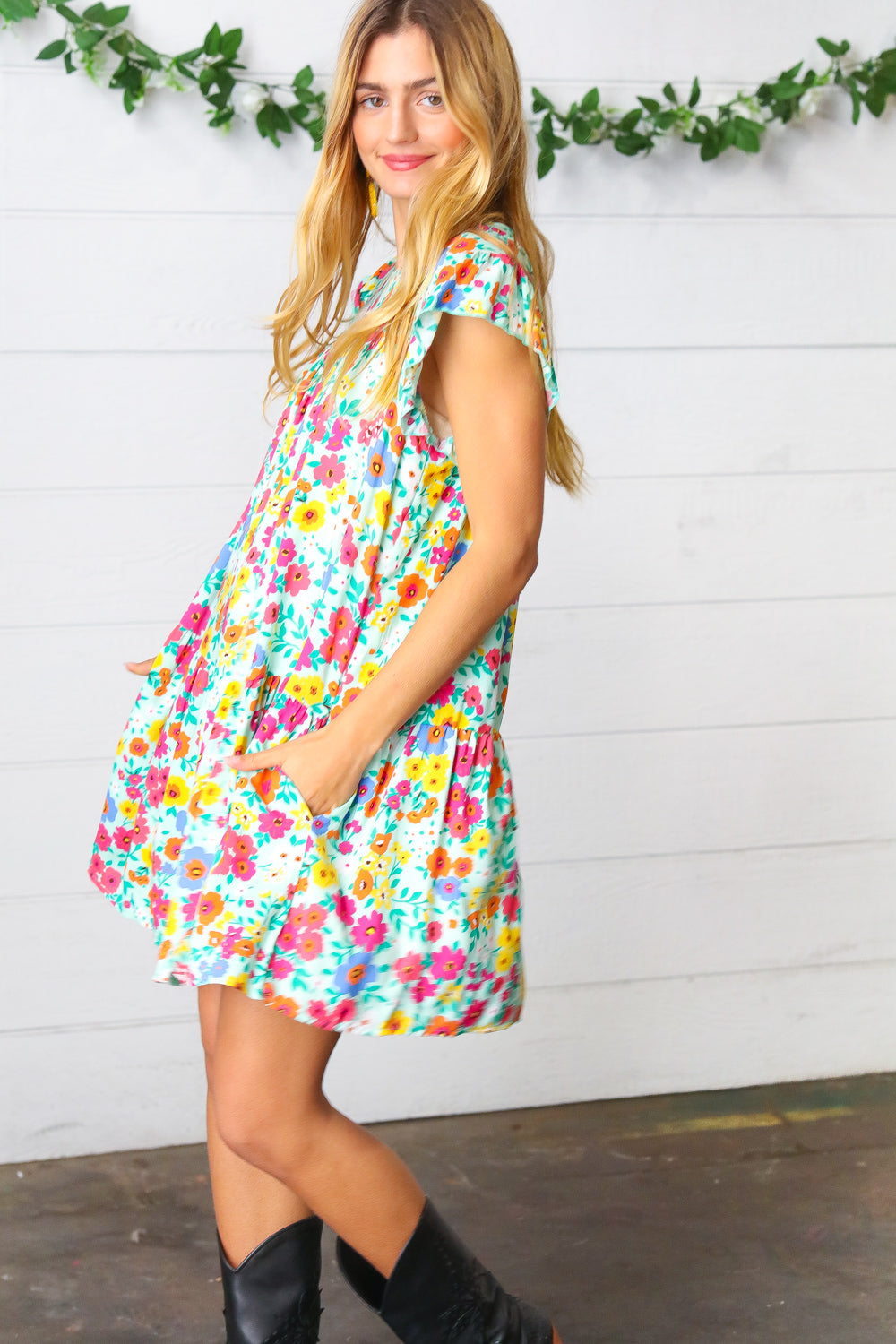 Bethany Floral Print Ruffle Frill Sleeve Dress