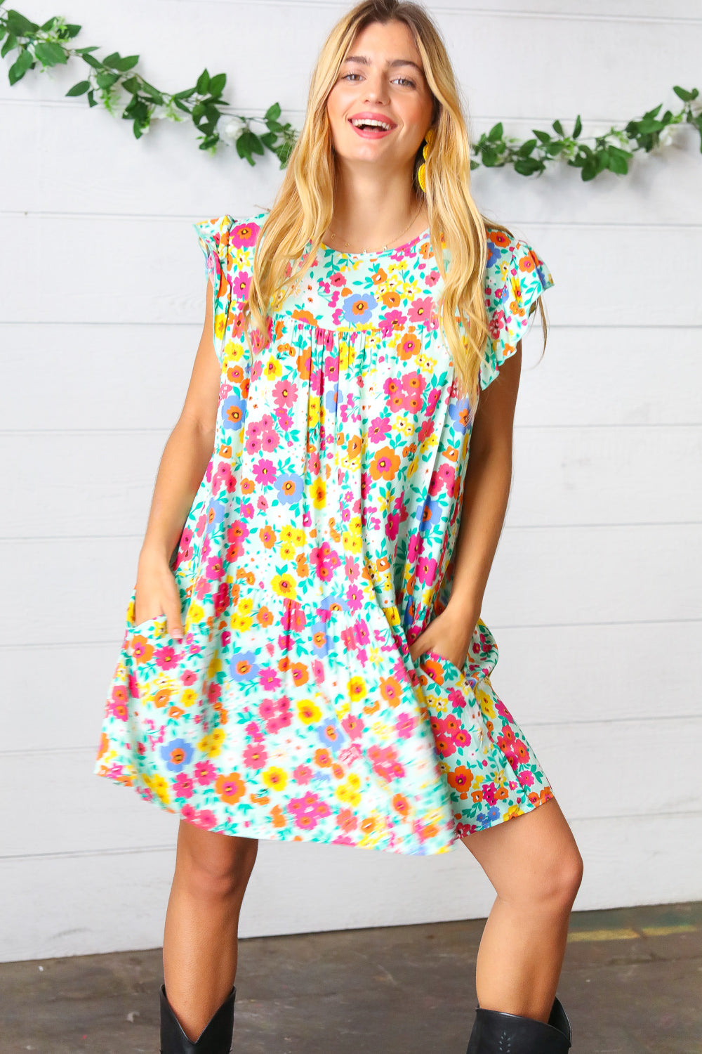 Bethany Floral Print Ruffle Frill Sleeve Dress