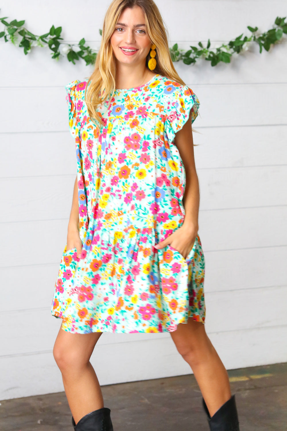 Bethany Floral Print Ruffle Frill Sleeve Dress