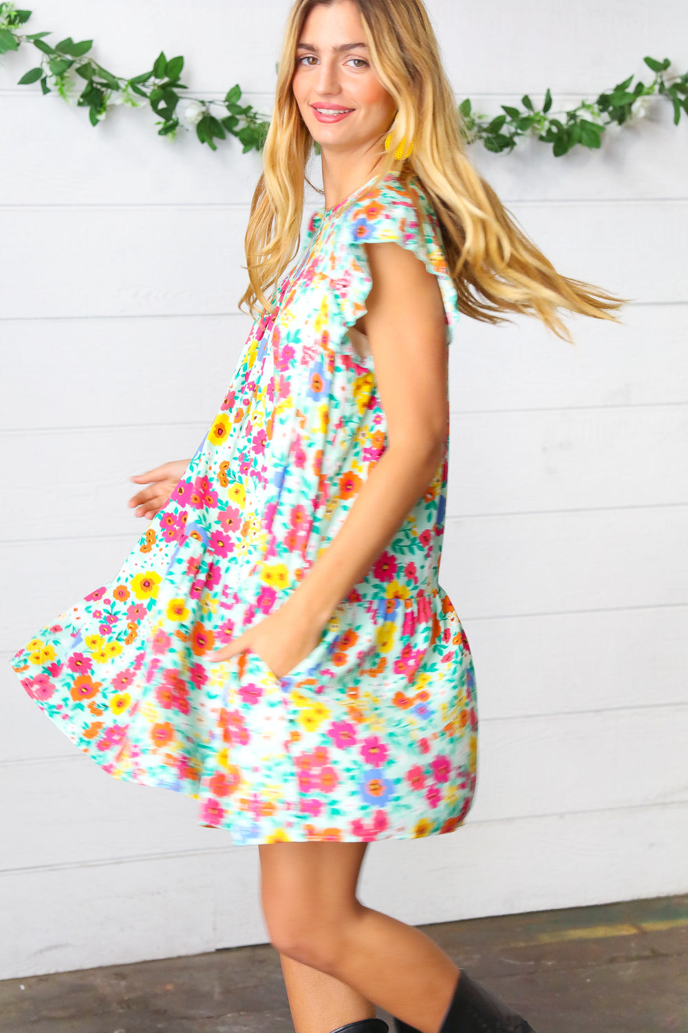 Bethany Floral Print Ruffle Frill Sleeve Dress