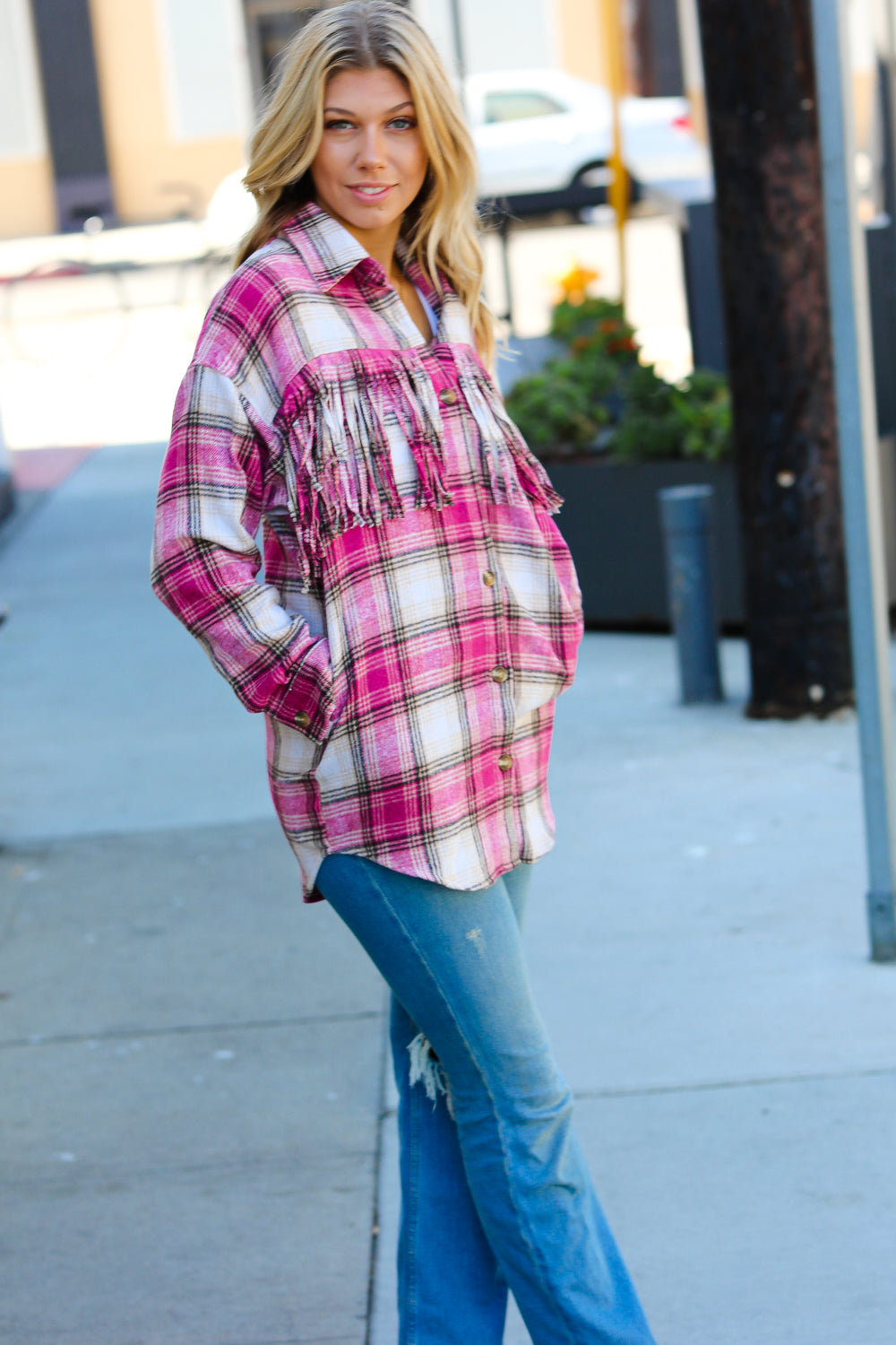 Always Win Plaid Fringe Shacket