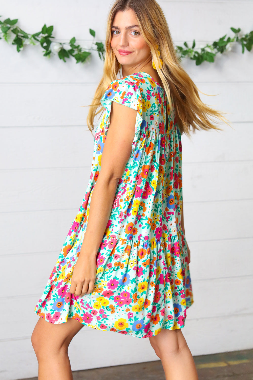 Bethany Floral Print Ruffle Frill Sleeve Dress