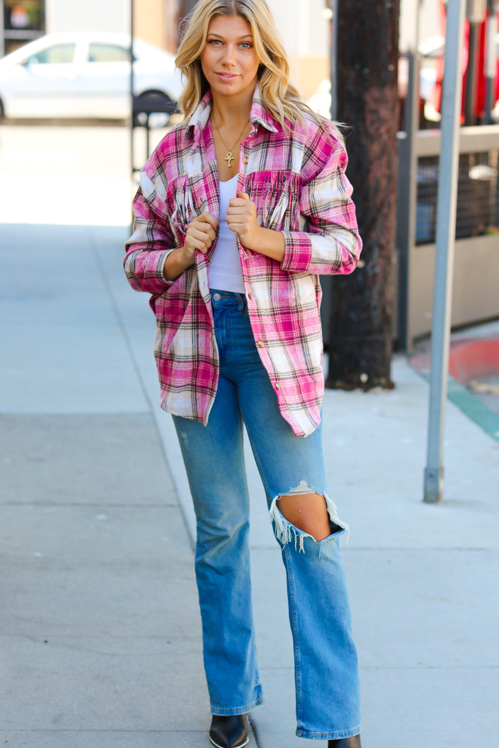 Always Win Plaid Fringe Shacket