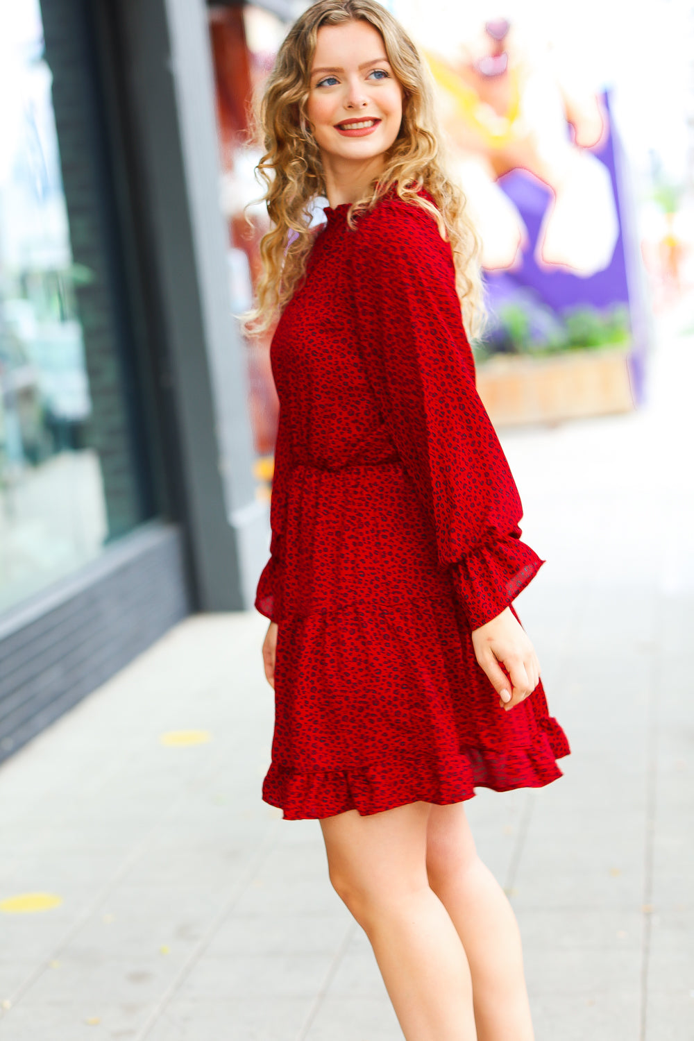 Simply Merry Animal Print Mock Neck Tiered Dress