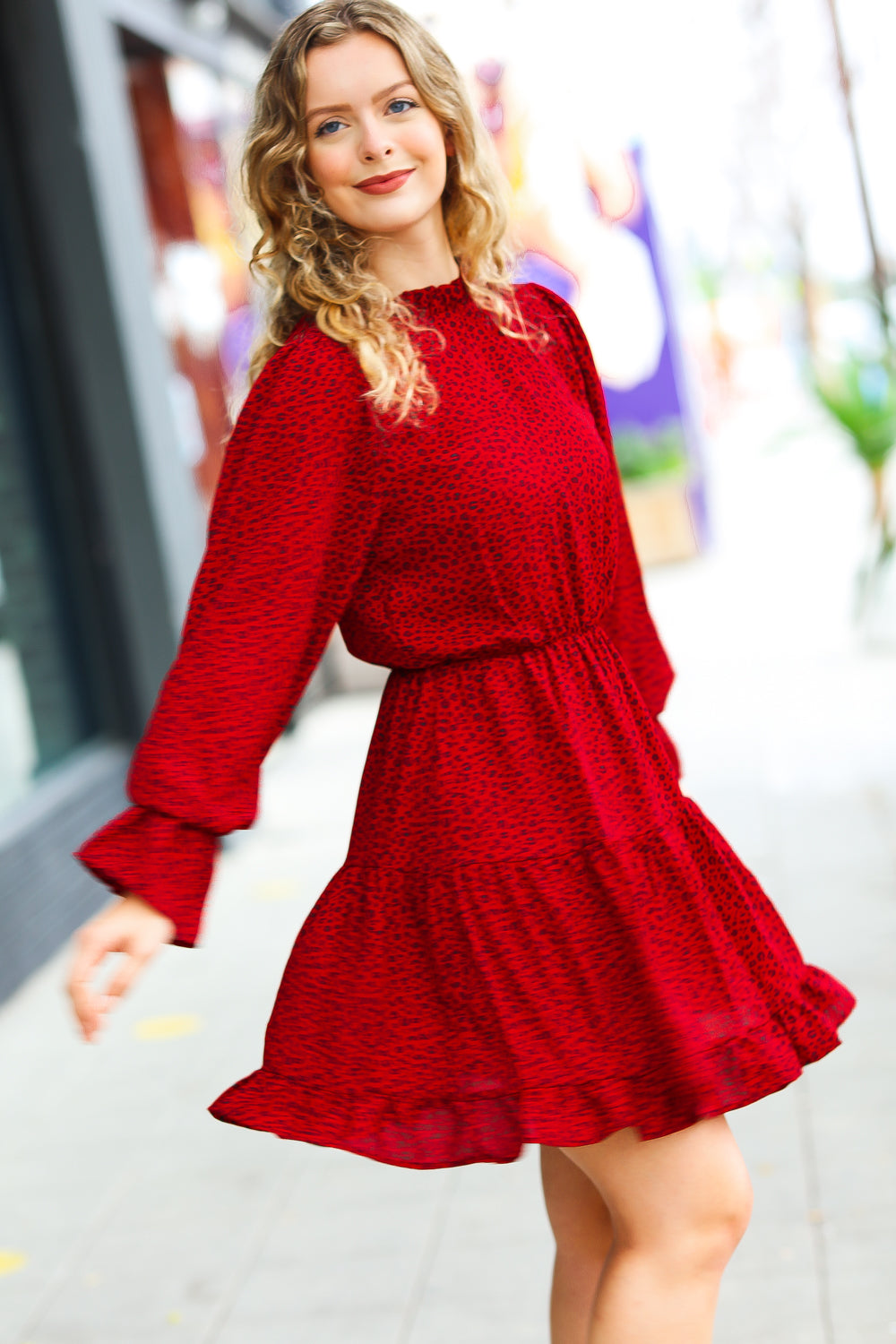 Simply Merry Animal Print Mock Neck Tiered Dress