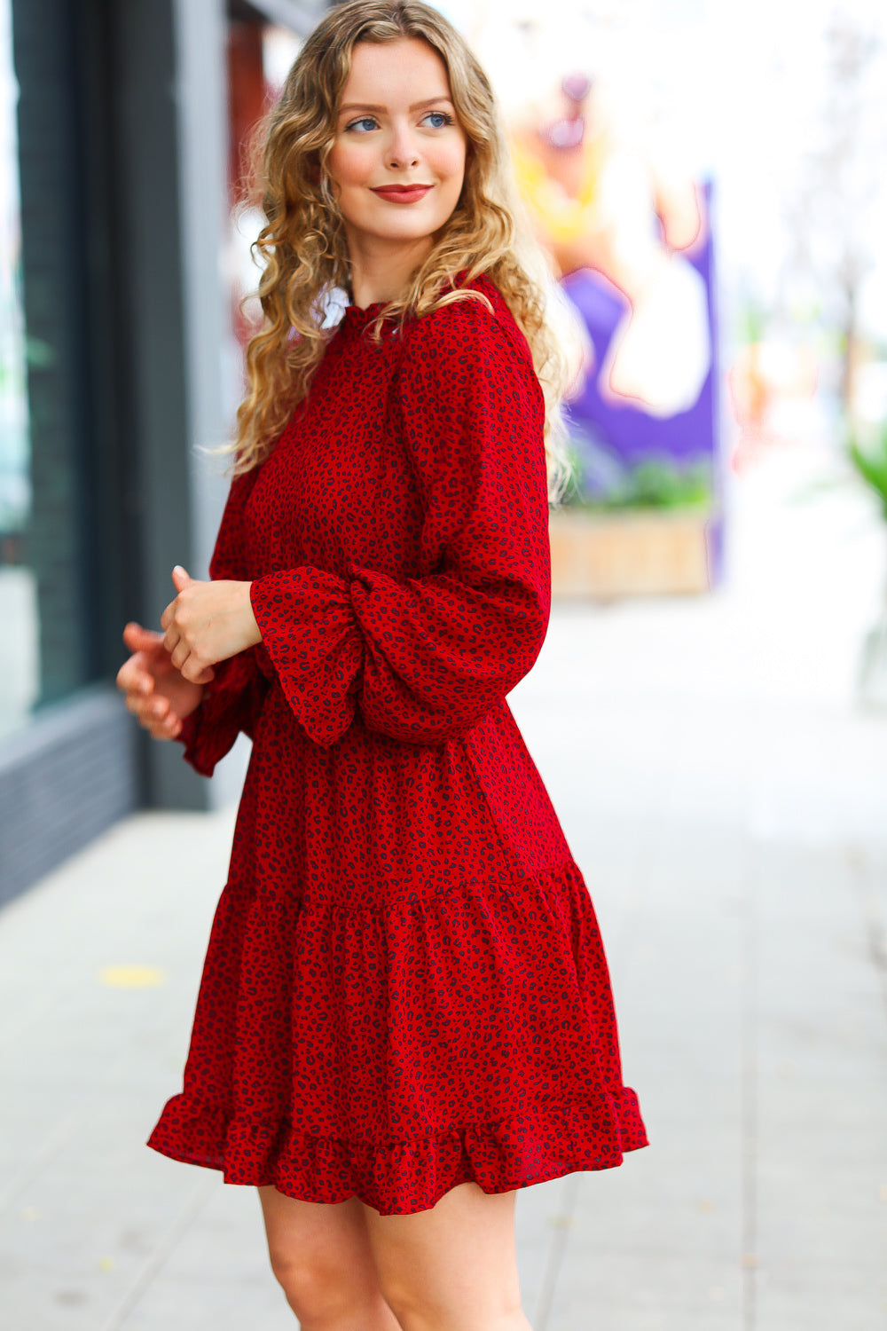 Simply Merry Animal Print Mock Neck Tiered Dress