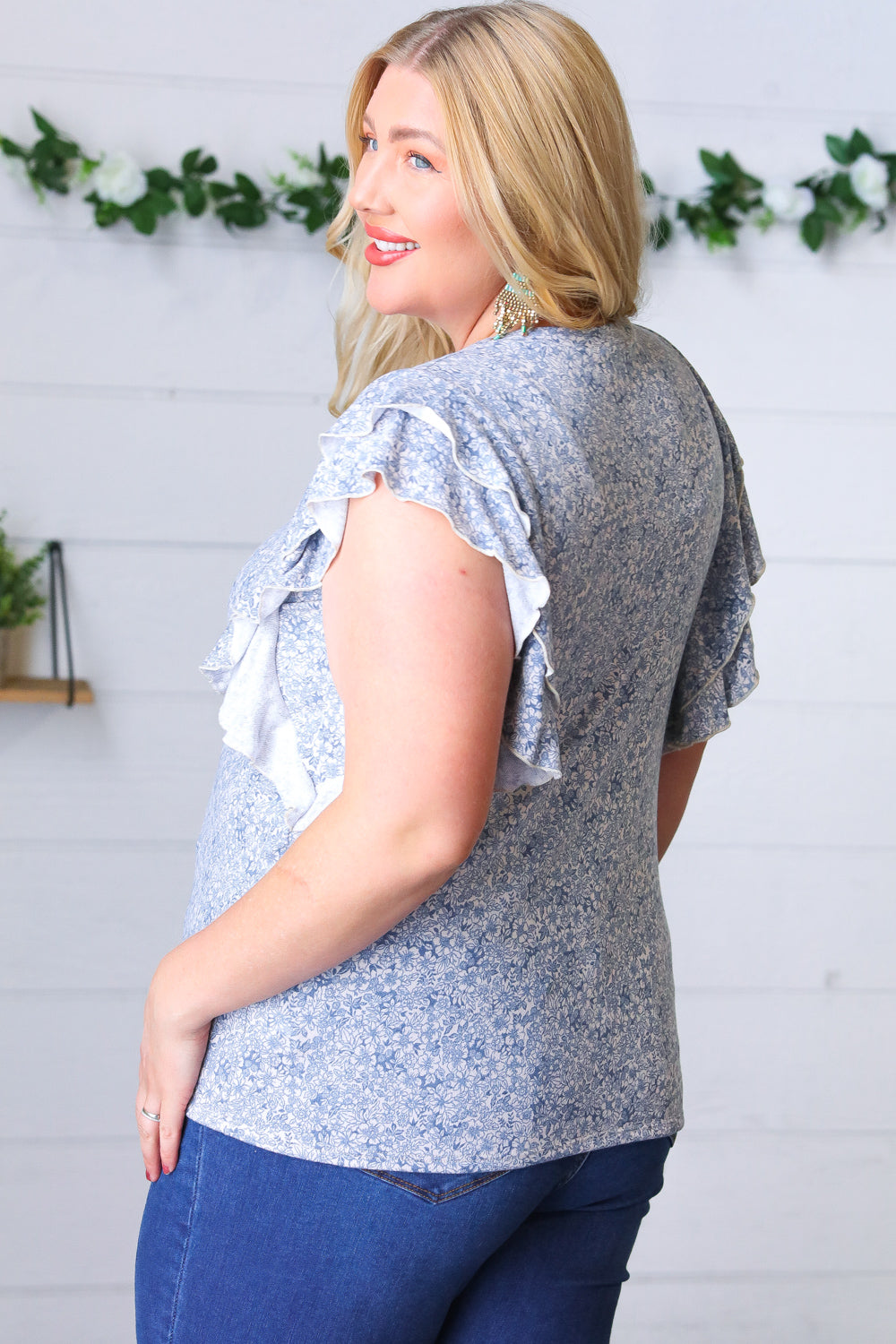 Go To Town Blue Floral Flutter Sleeve Top