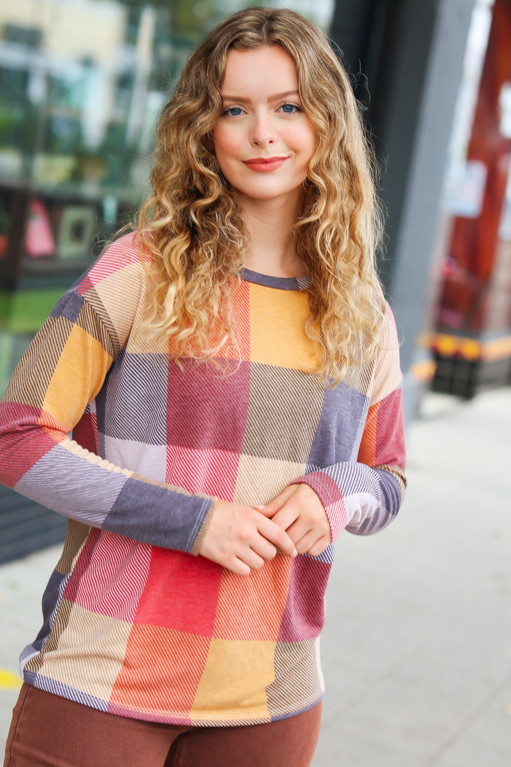 Gorgeous In Checker Plaid French Terry Top • Rust