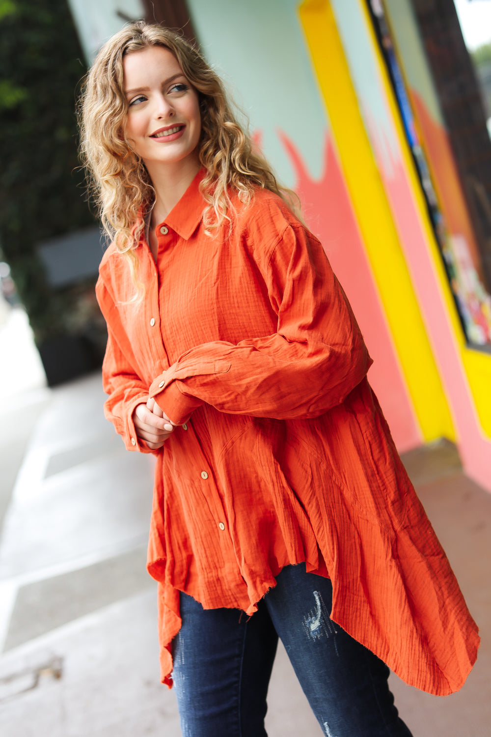 Feeling Bold Button Down Sharkbite Cotton Tunic Top • Rust