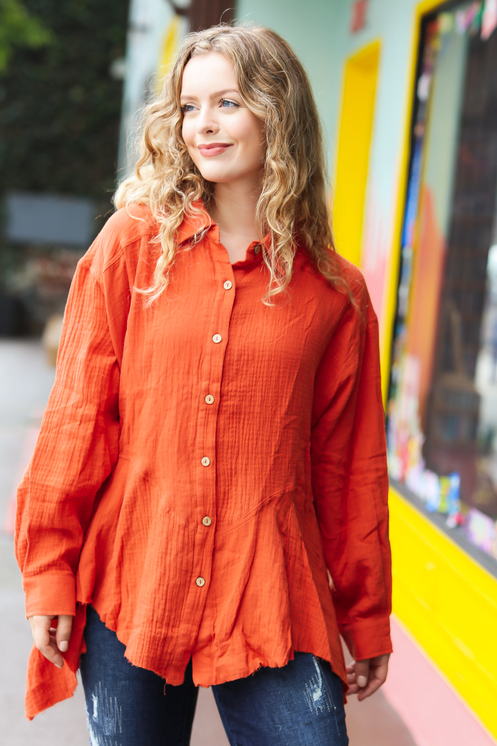 Feeling Bold Button Down Sharkbite Cotton Tunic Top • Rust