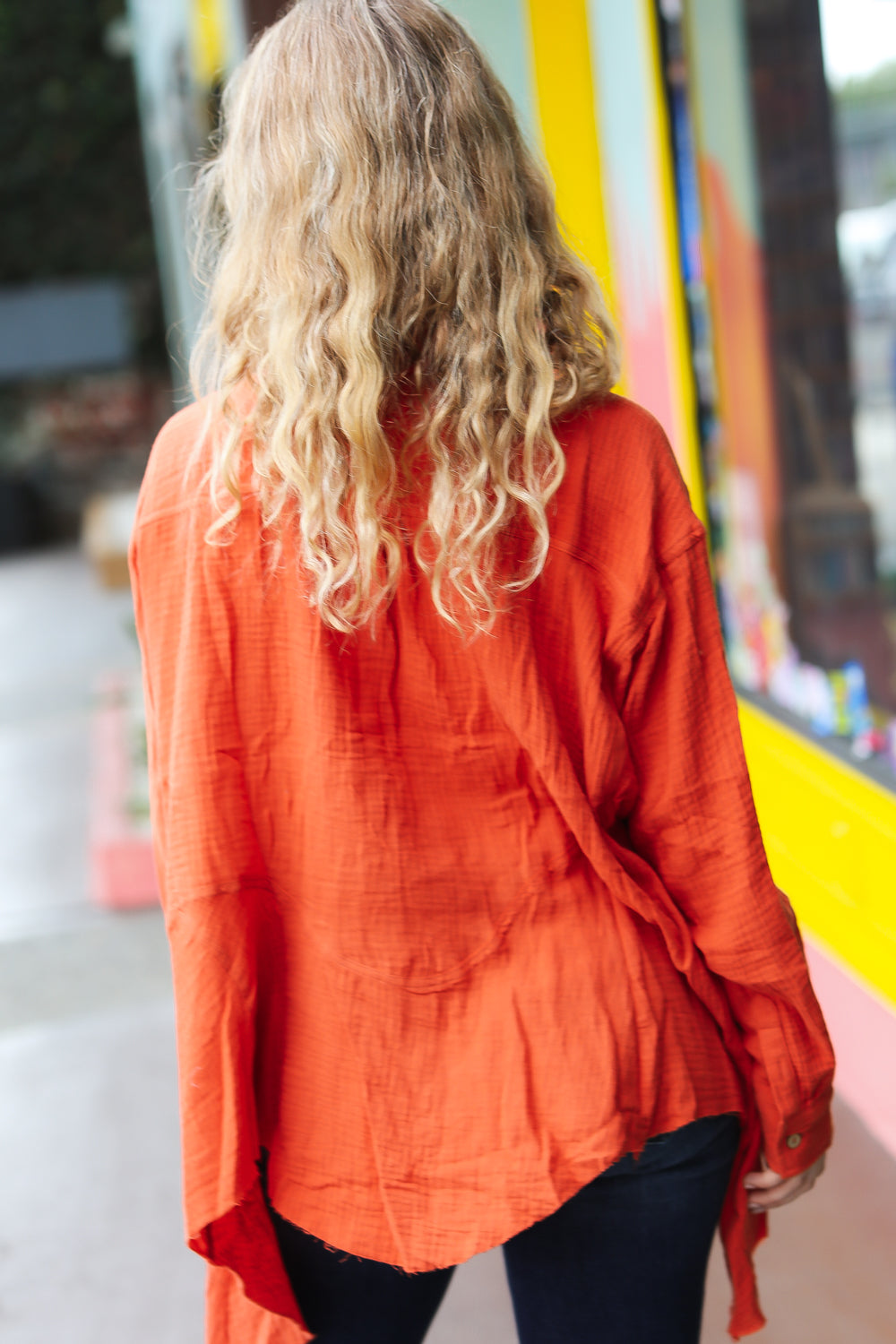 Feeling Bold Button Down Sharkbite Cotton Tunic Top • Rust