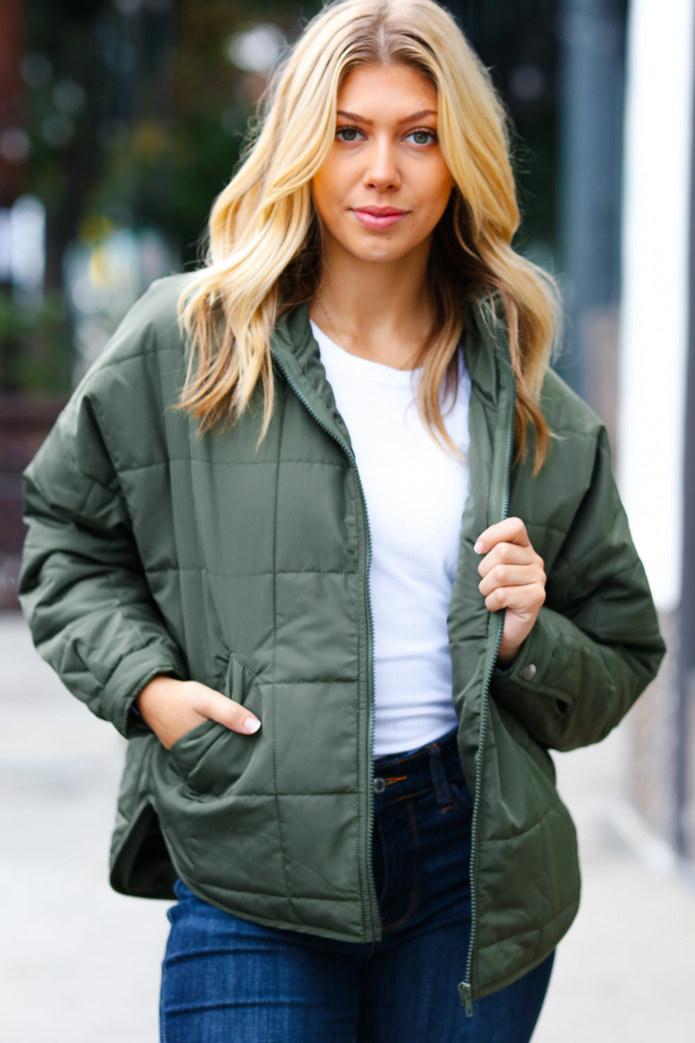 Eyes On You Quilted Puffer Jacket • Olive