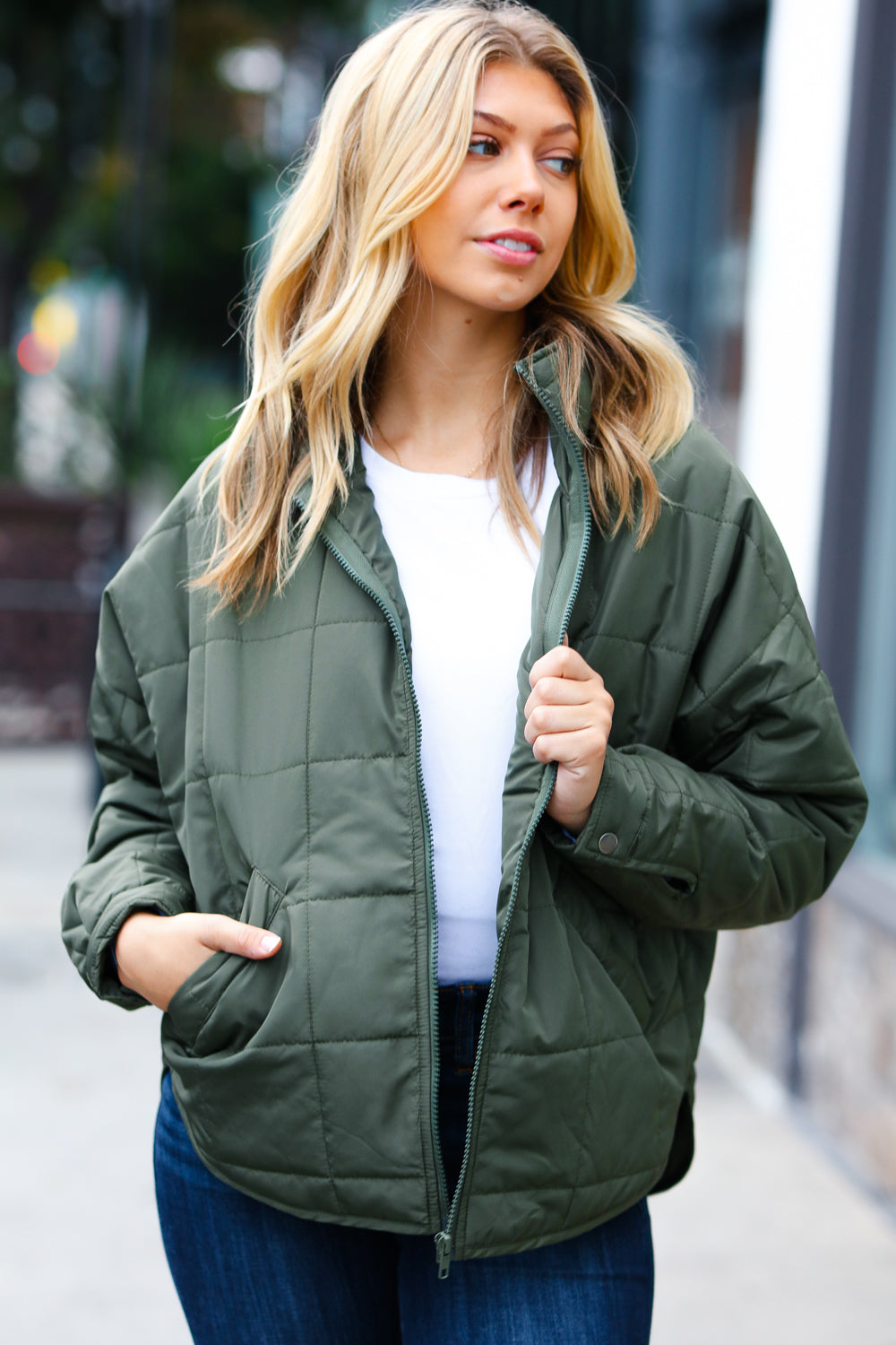 Eyes On You Quilted Puffer Jacket • Olive