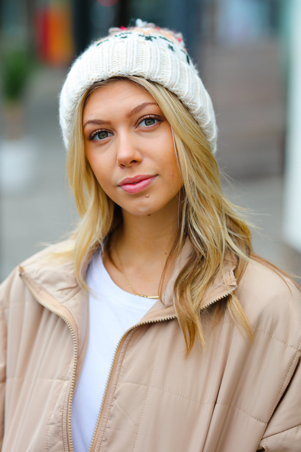 Comfy Cute Cable Knit Pom-Pom Beanie • Cream