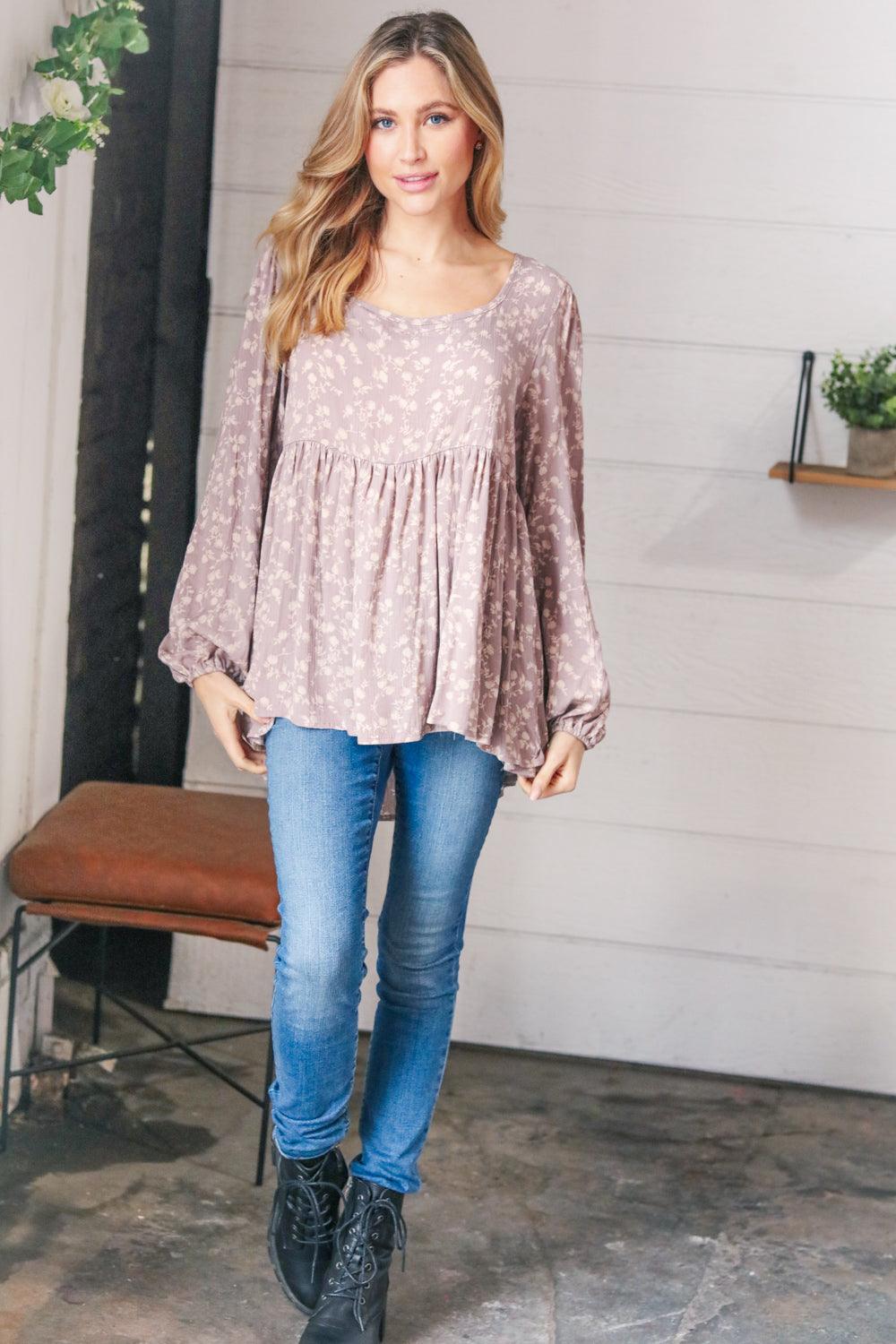 La La Crinkle Floral Lace-Up Woven Bubble Sleeve Top - Atomic Wildflower