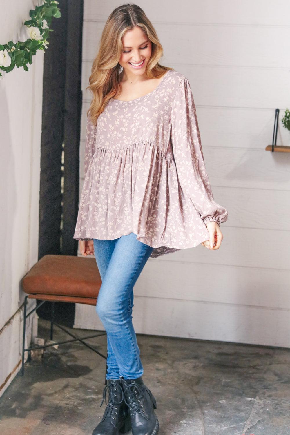La La Crinkle Floral Lace-Up Woven Bubble Sleeve Top - Atomic Wildflower