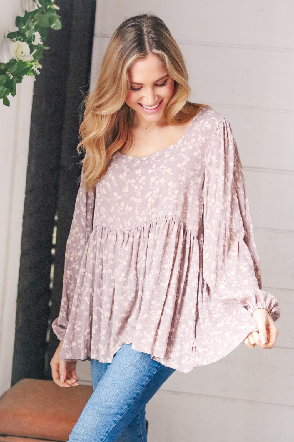 La La Crinkle Floral Lace-Up Woven Bubble Sleeve Top - Atomic Wildflower