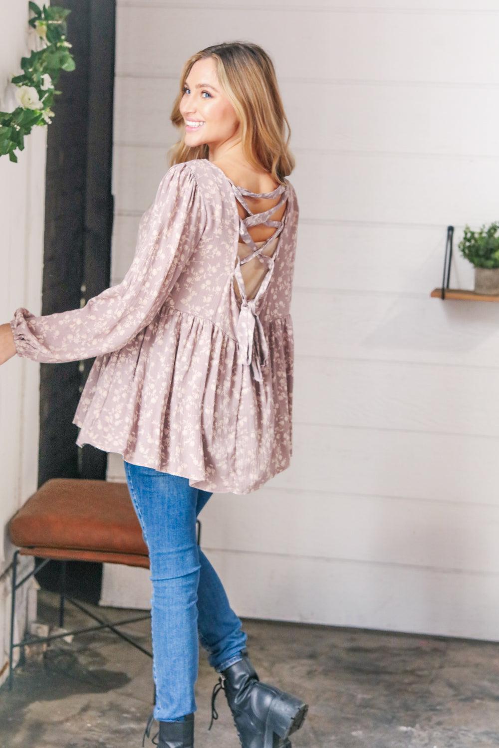 La La Crinkle Floral Lace-Up Woven Bubble Sleeve Top - Atomic Wildflower