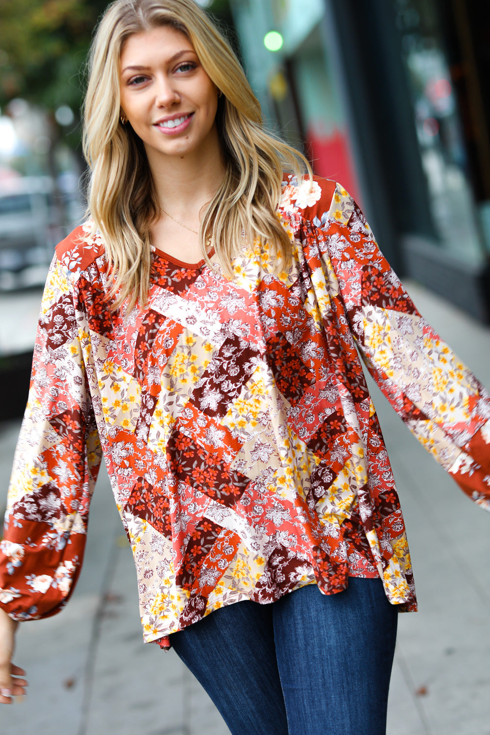 Harvest Floral Patchwork V Neck Blouse