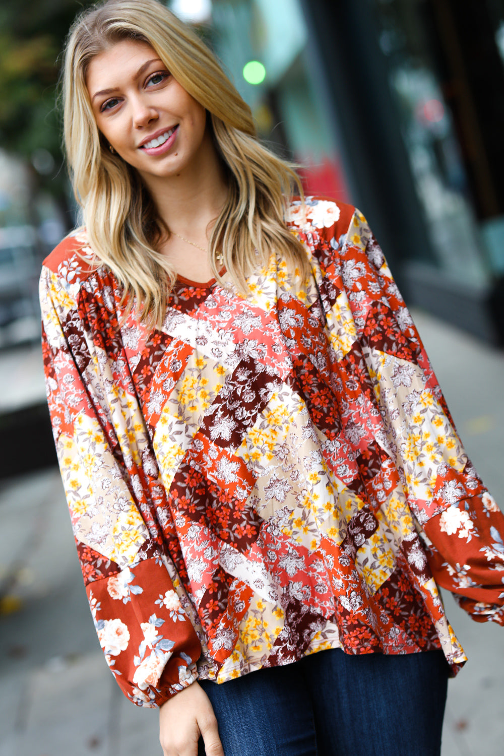 Harvest Floral Patchwork V Neck Blouse