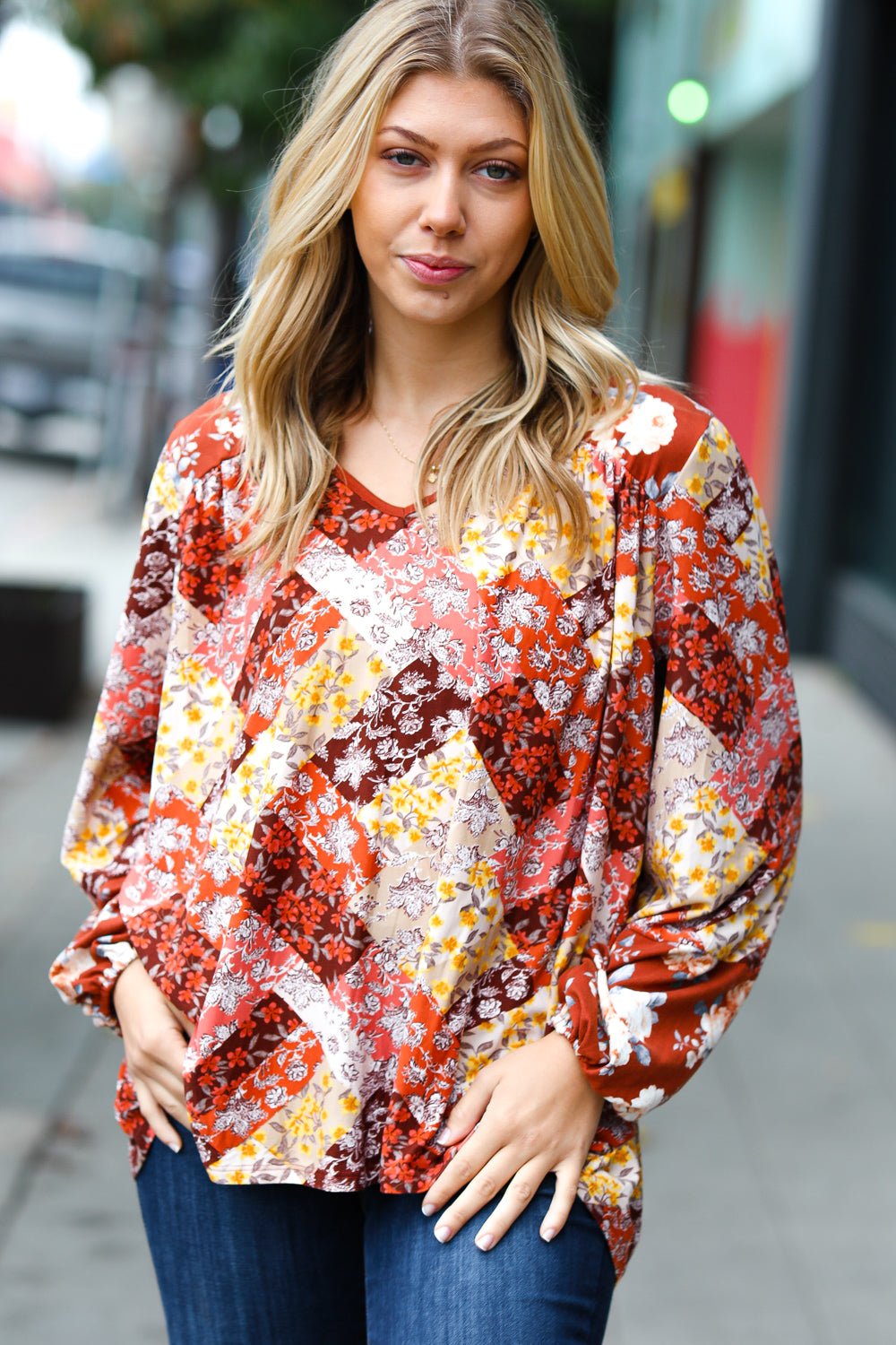 Harvest Floral Patchwork V Neck Blouse
