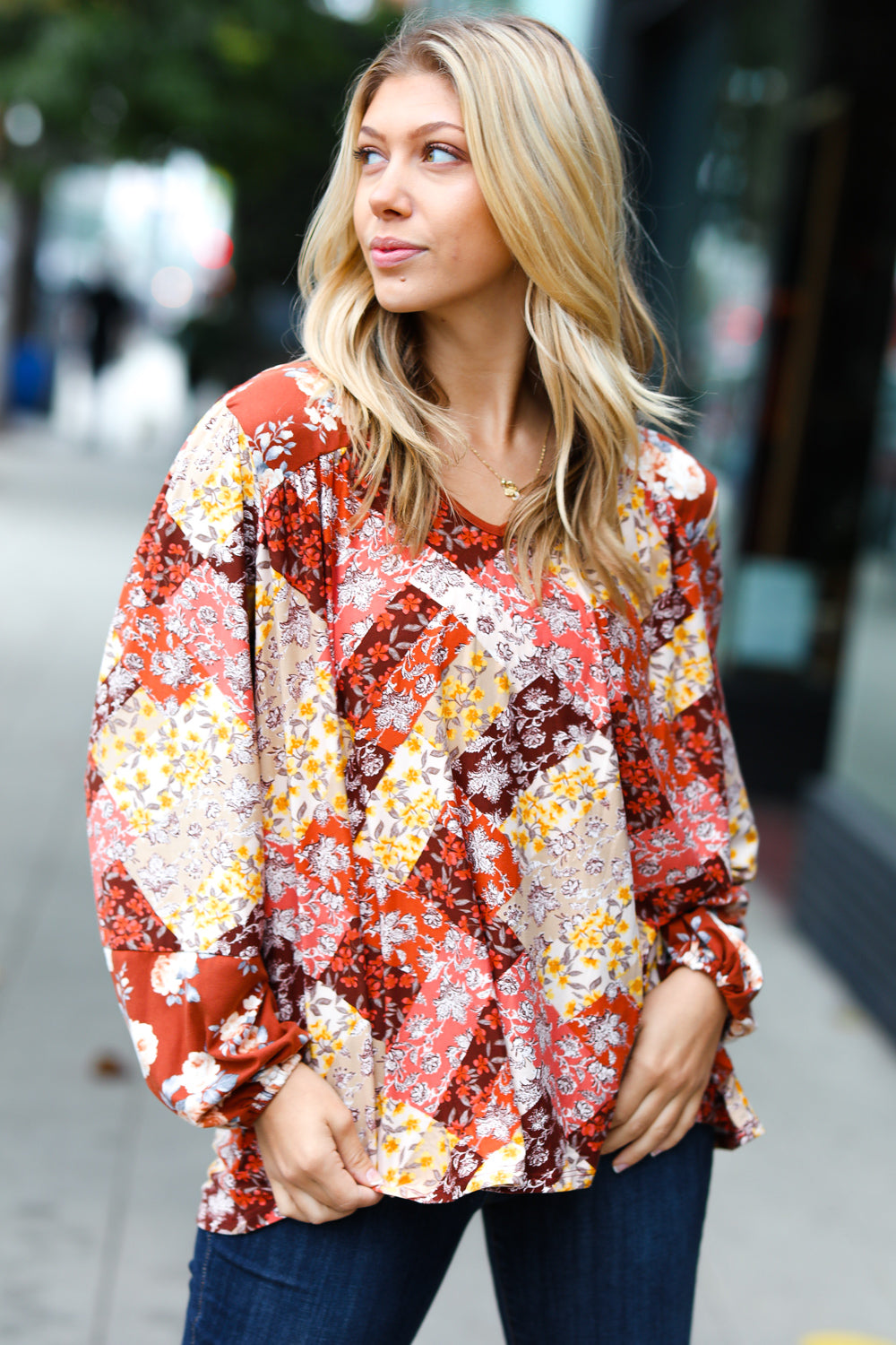 Harvest Floral Patchwork V Neck Blouse