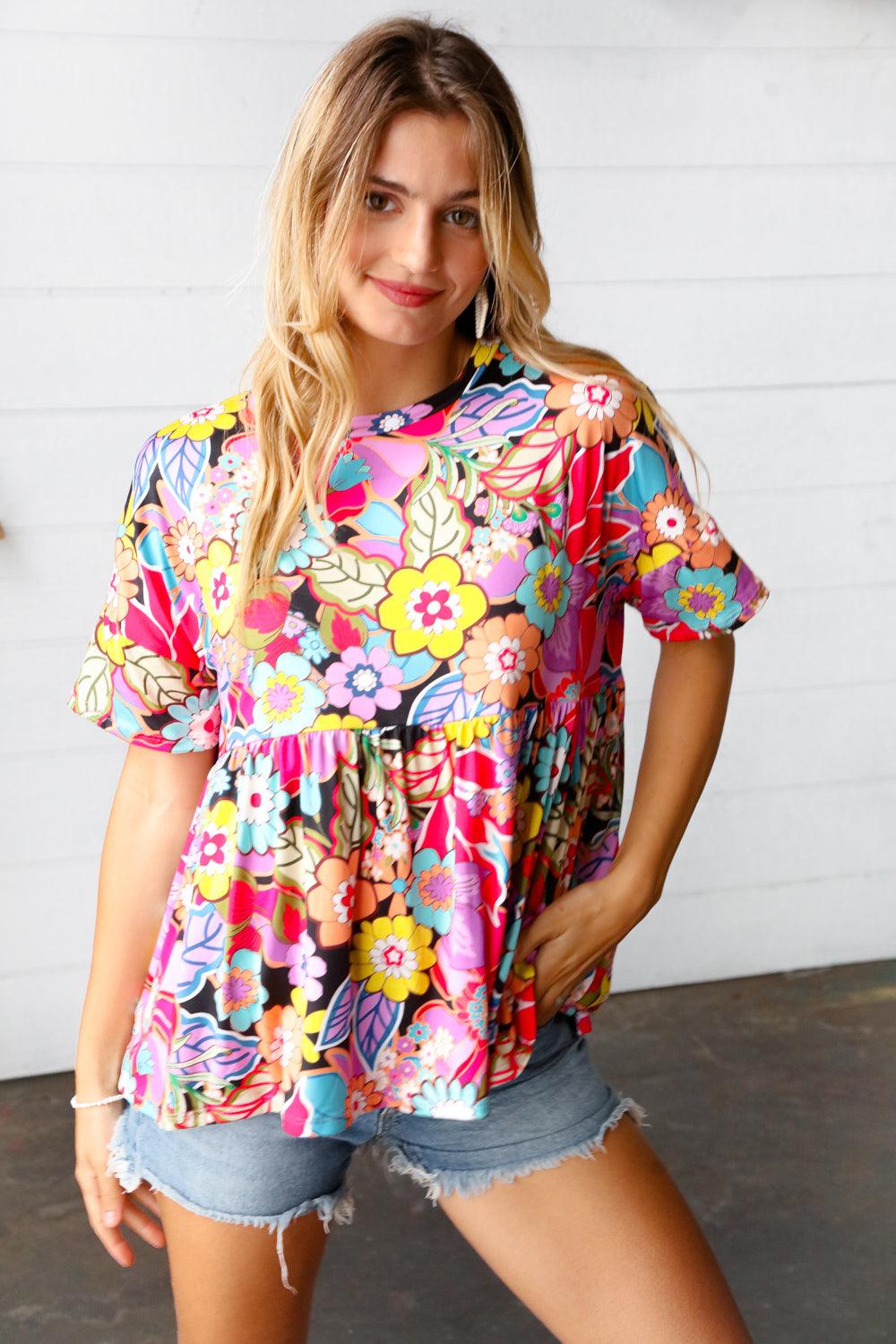 Retro Blossom Floral Babydoll Top - Atomic Wildflower