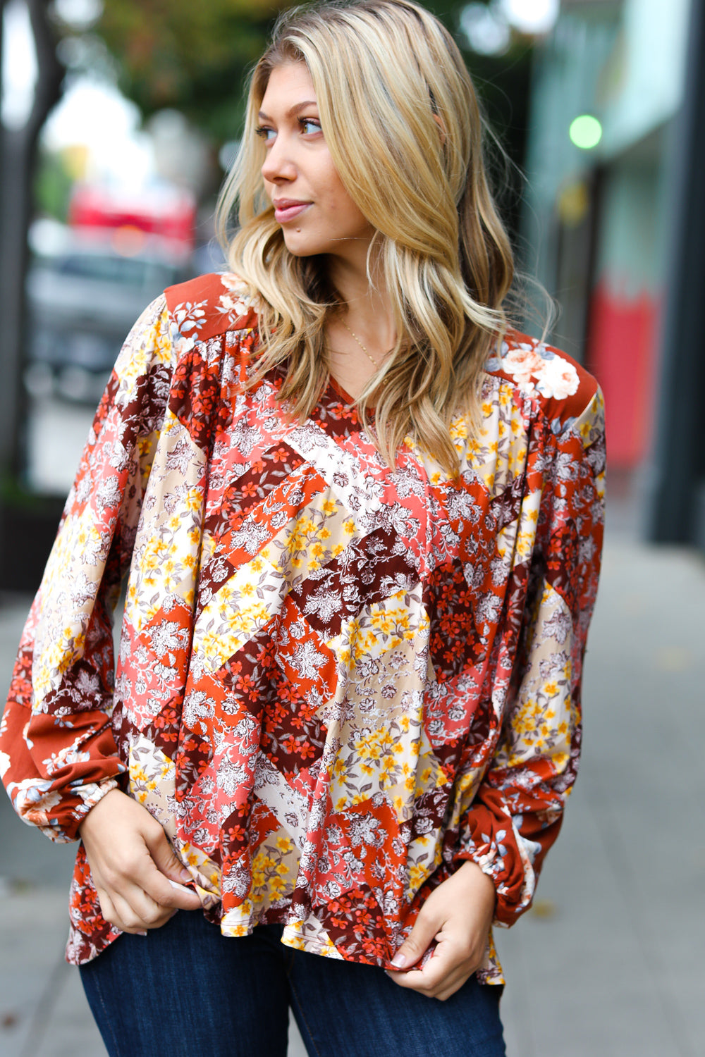 Harvest Floral Patchwork V Neck Blouse