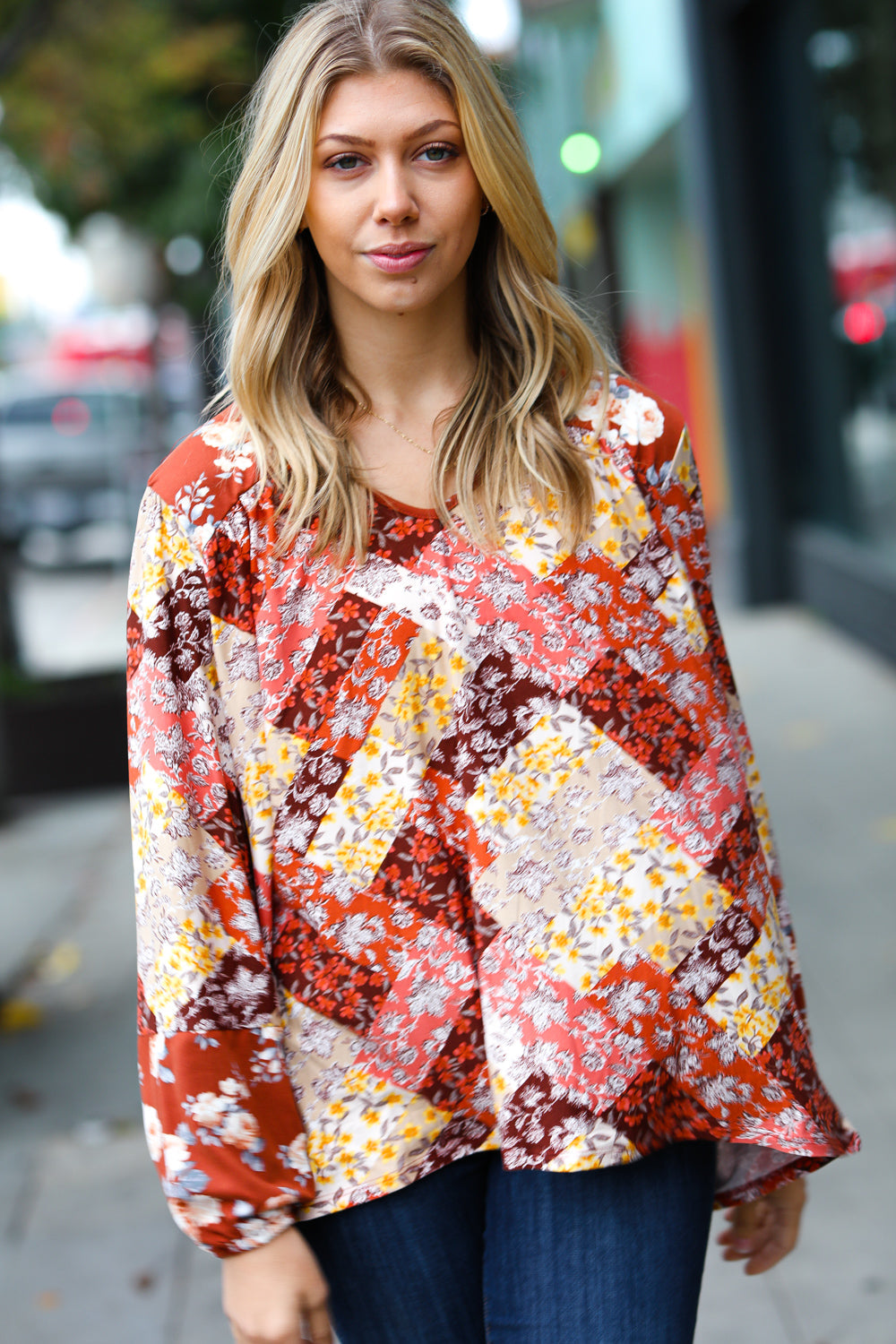 Harvest Floral Patchwork V Neck Blouse