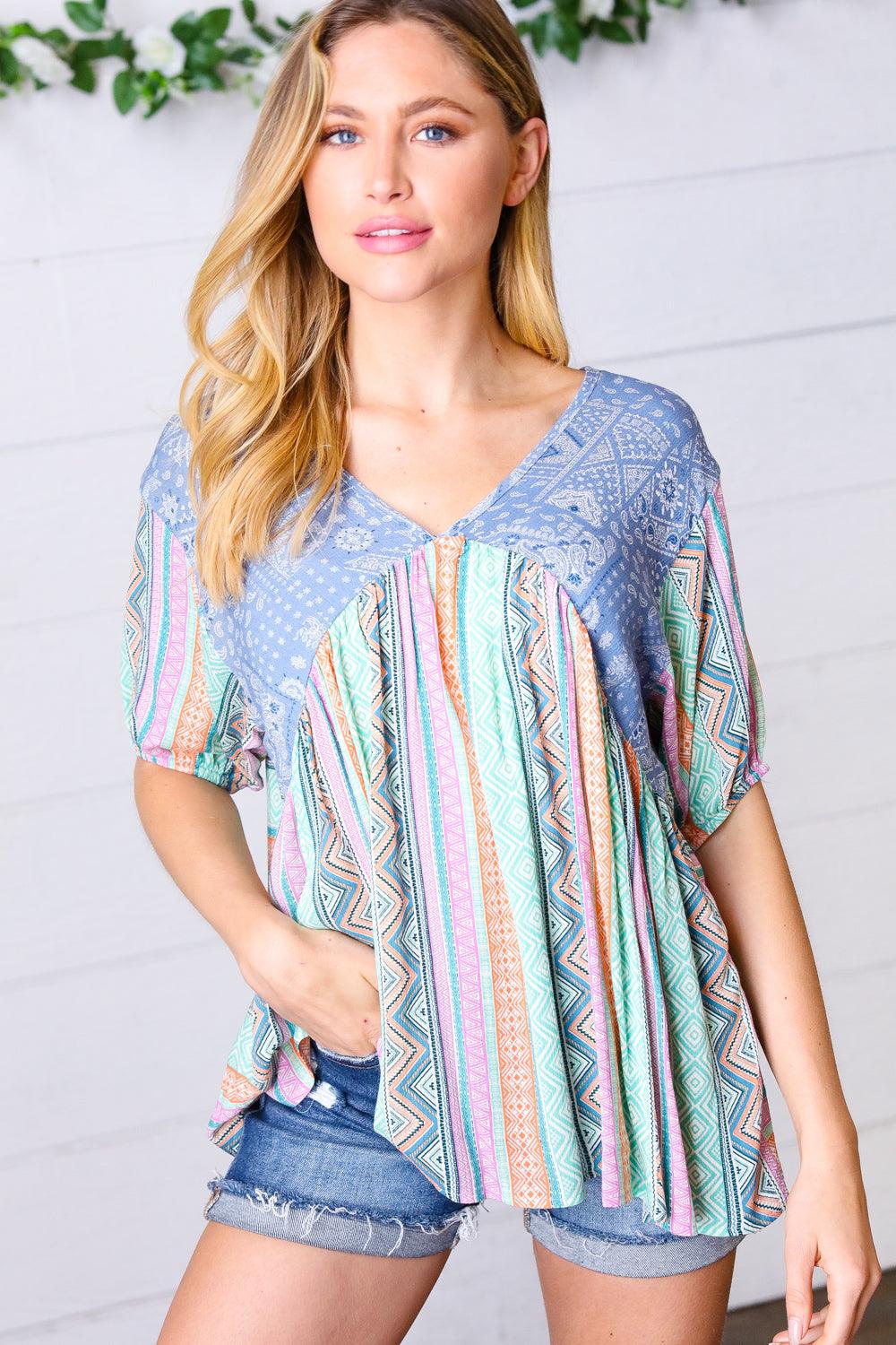 Never Better Boho Print V Neck Top