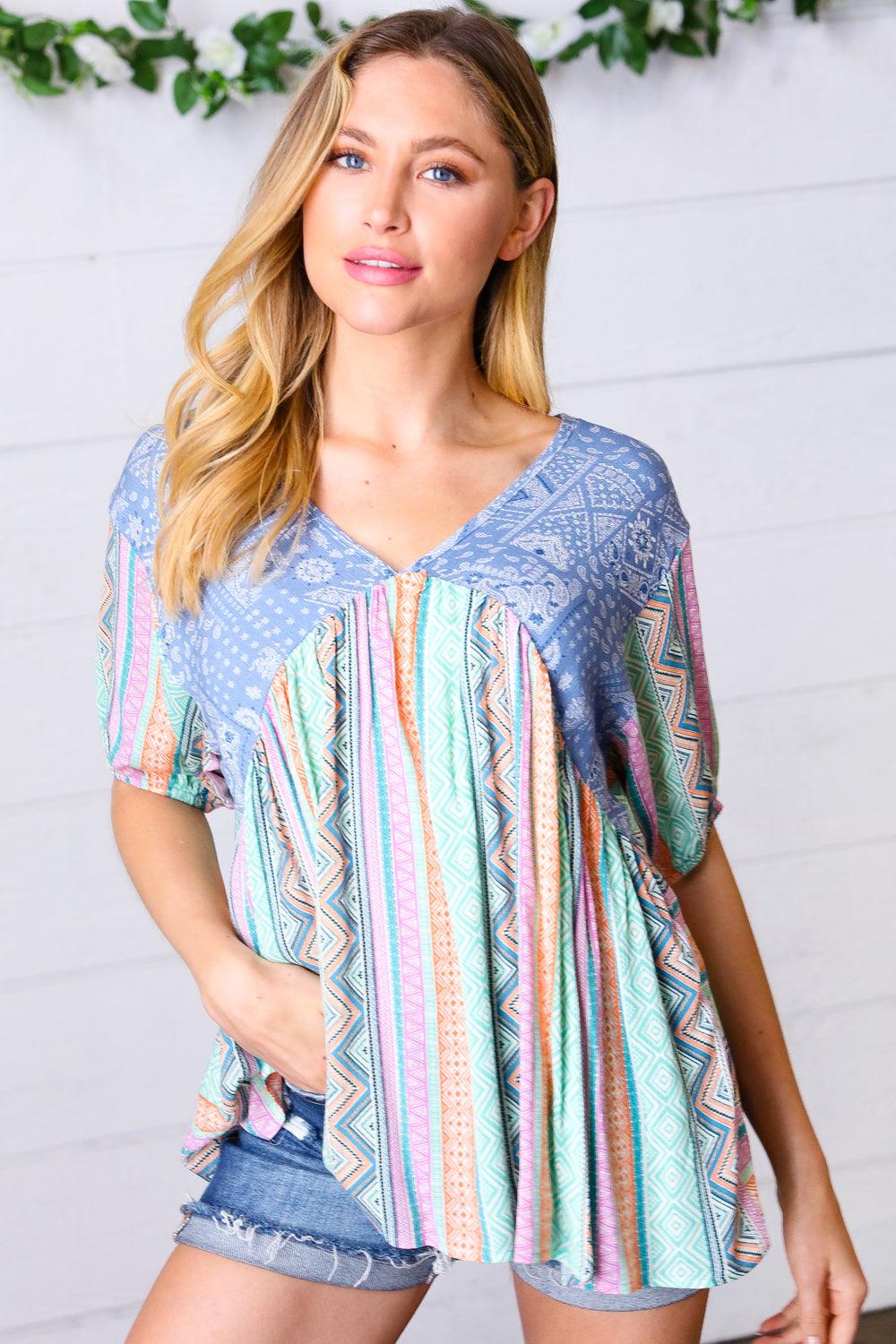 Never Better Boho Print V Neck Top