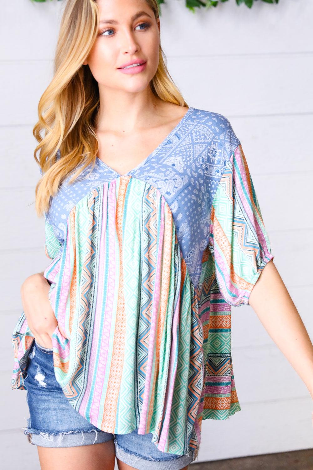 Never Better Boho Print V Neck Top