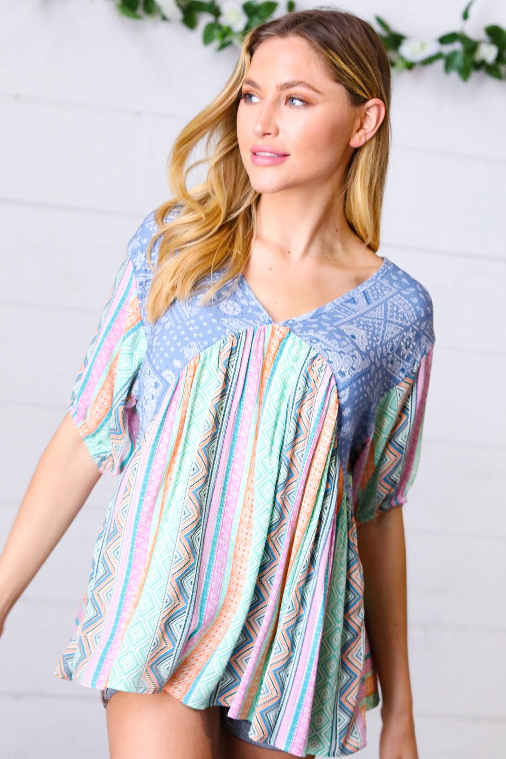 Never Better Boho Print V Neck Top