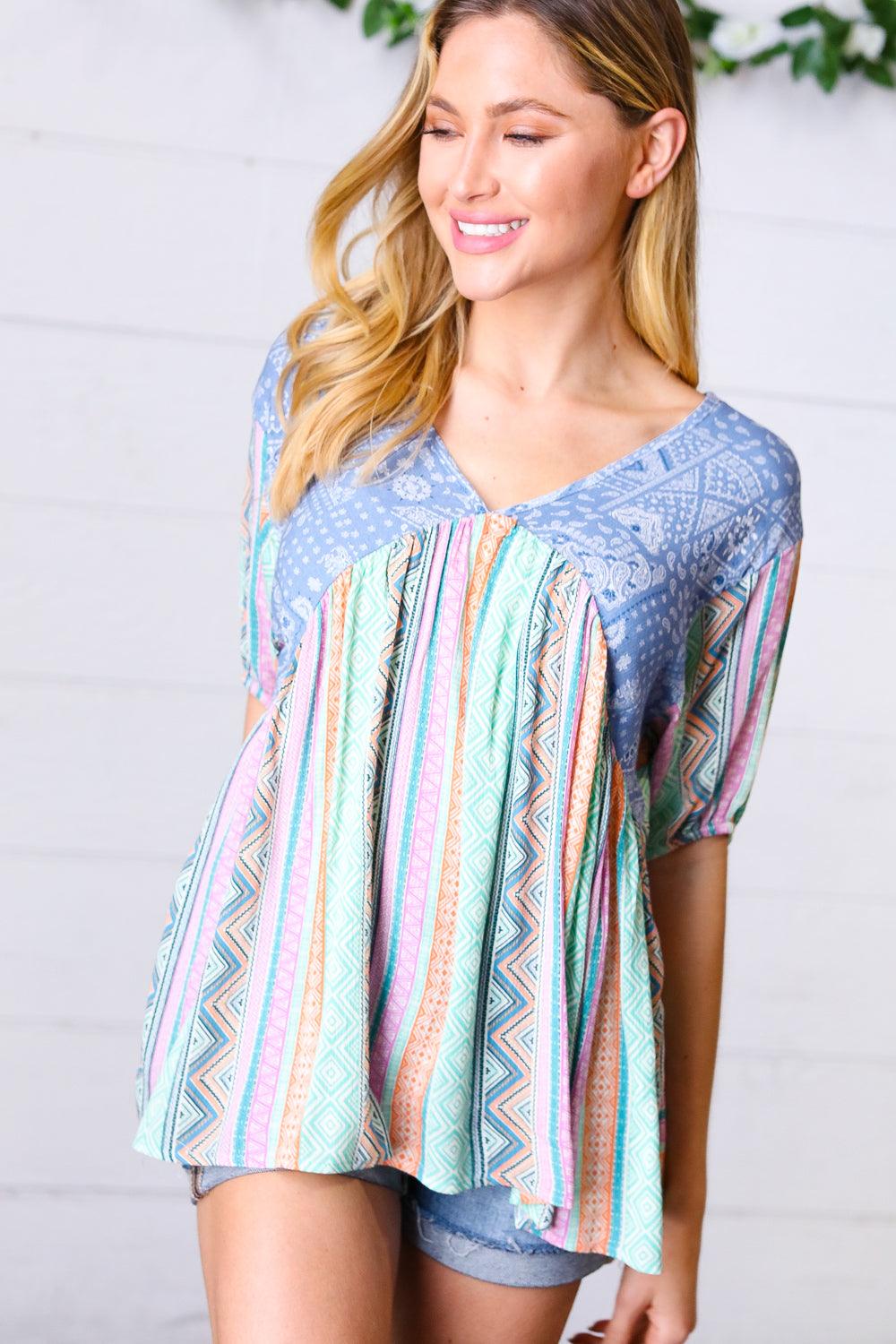 Never Better Boho Print V Neck Top