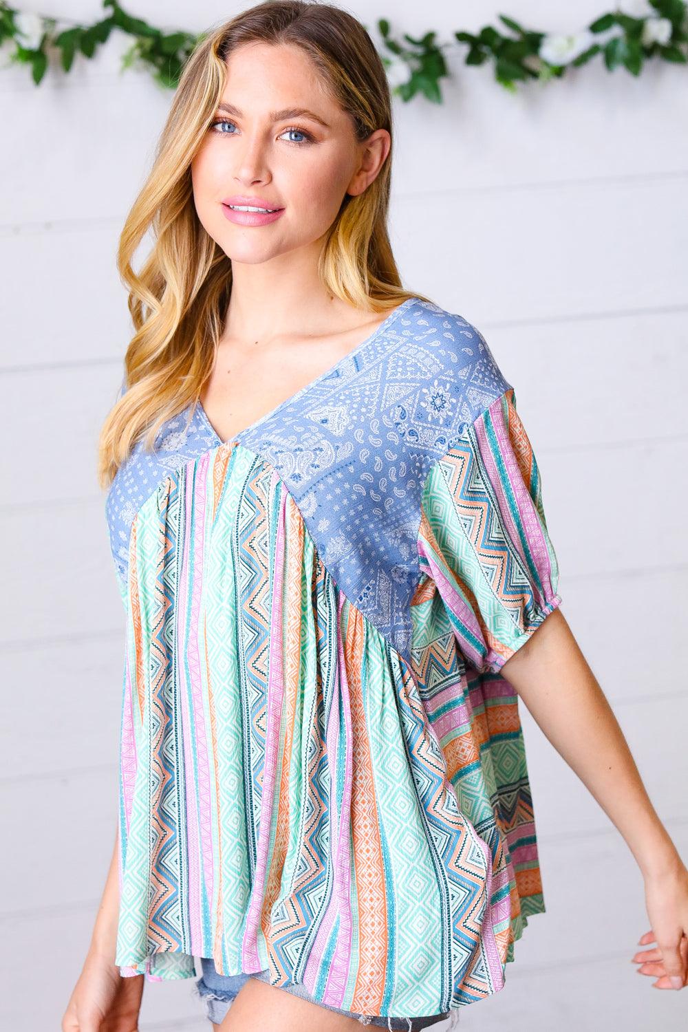 Never Better Boho Print V Neck Top