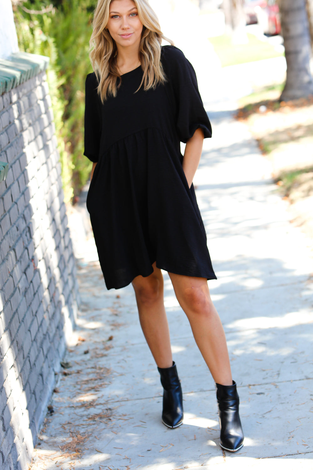 Can’t Tame Her Three Quarter Puff Sleeve Babydoll Dress • Black