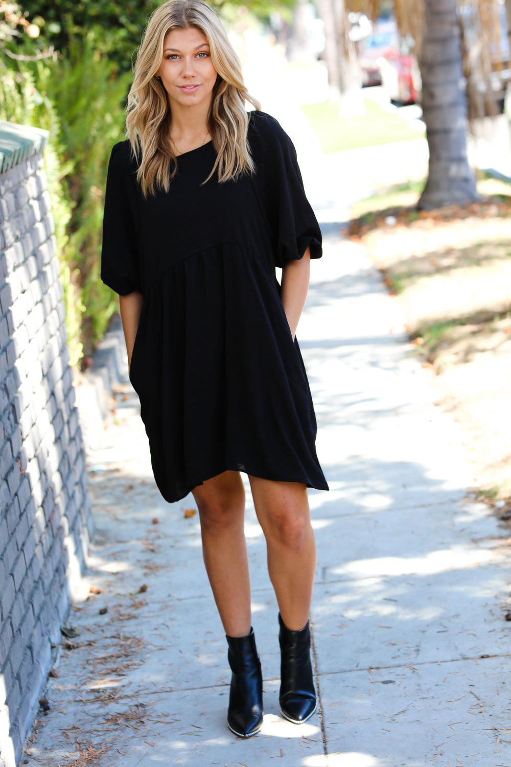 Can’t Tame Her Three Quarter Puff Sleeve Babydoll Dress • Black