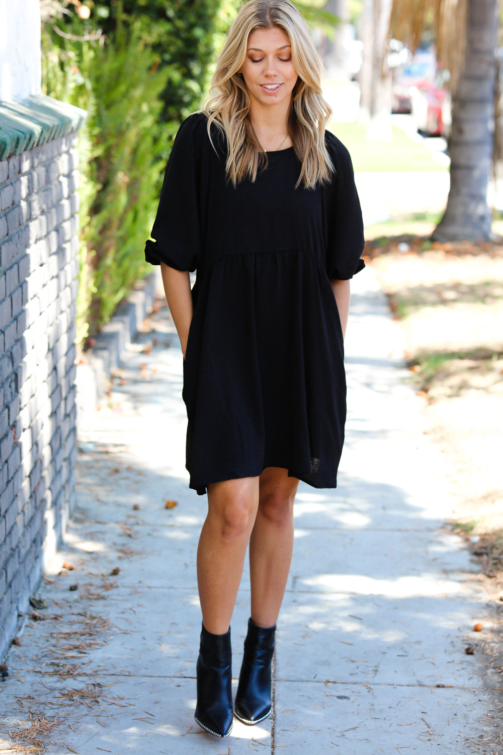 Can’t Tame Her Three Quarter Puff Sleeve Babydoll Dress • Black