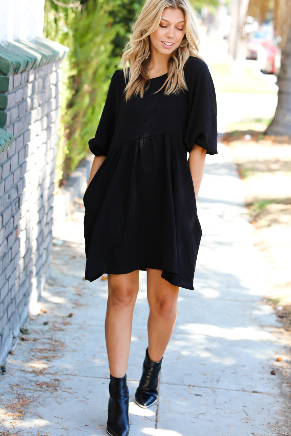 Can’t Tame Her Three Quarter Puff Sleeve Babydoll Dress • Black