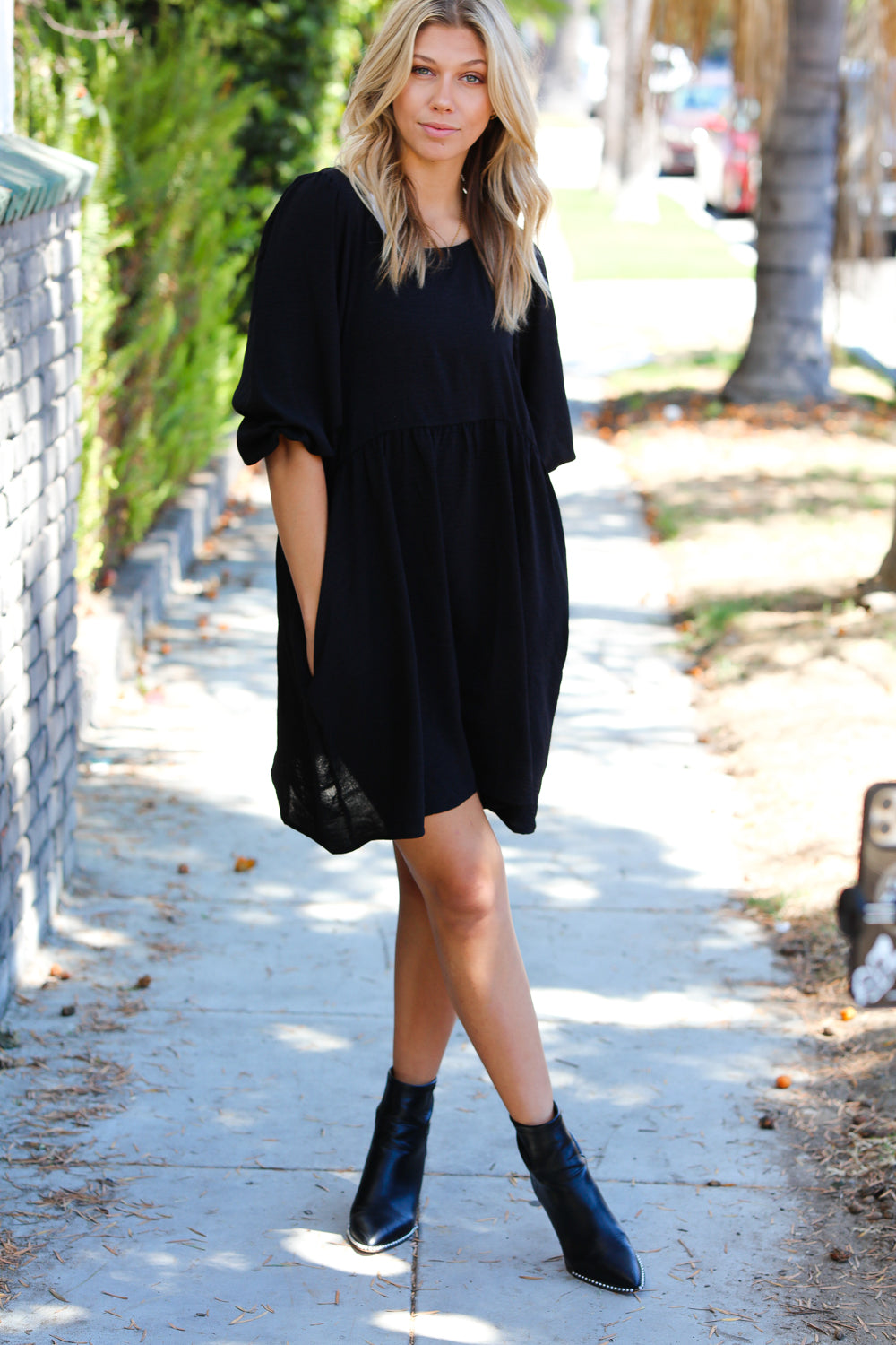 Can’t Tame Her Three Quarter Puff Sleeve Babydoll Dress • Black