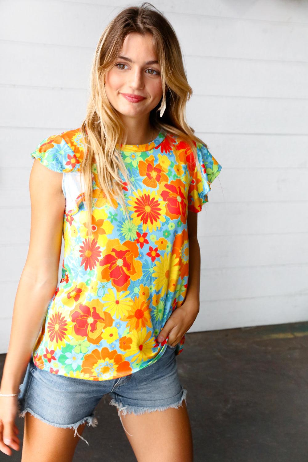 Perfect Day Floral Flutter Sleeve Top - Atomic Wildflower