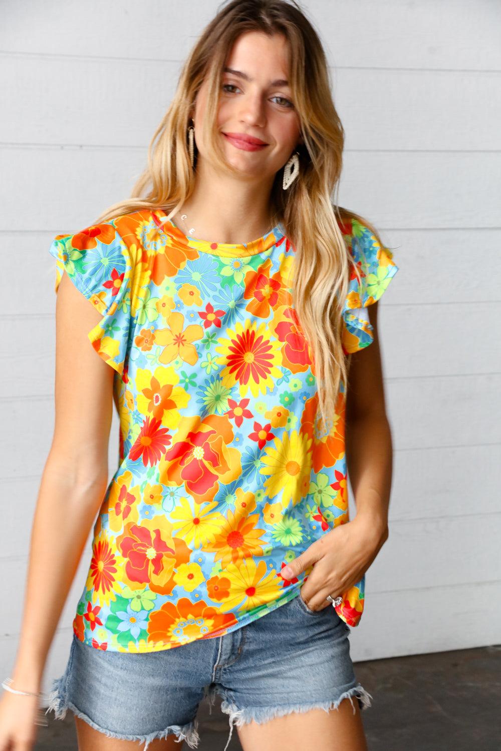 Perfect Day Floral Flutter Sleeve Top - Atomic Wildflower