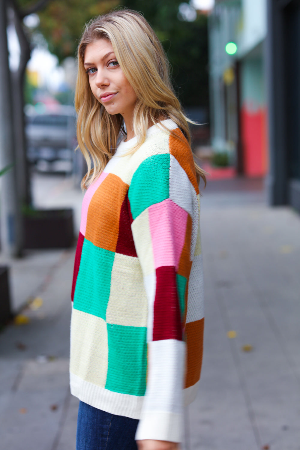 Adorable In Checker Jacquard Knit Sweater