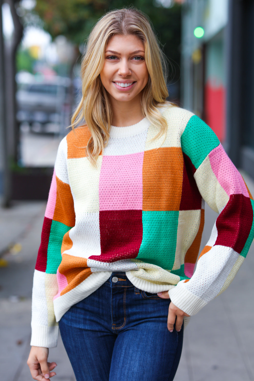 Adorable In Checker Jacquard Knit Sweater