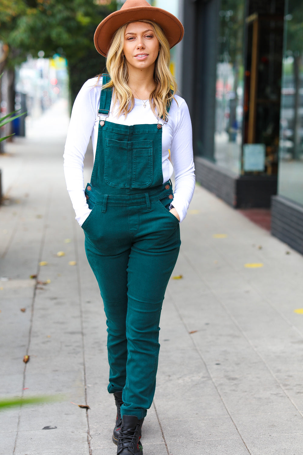 Feeling The Love High Waist Denim Double Cuff Overalls • Teal