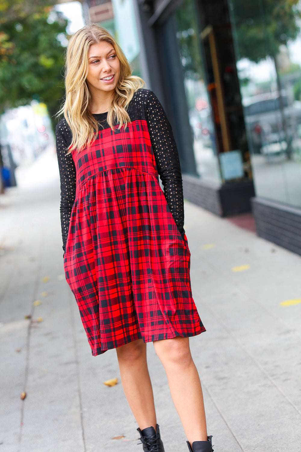 Checking In Checker Plaid Eyelet Midi Dress