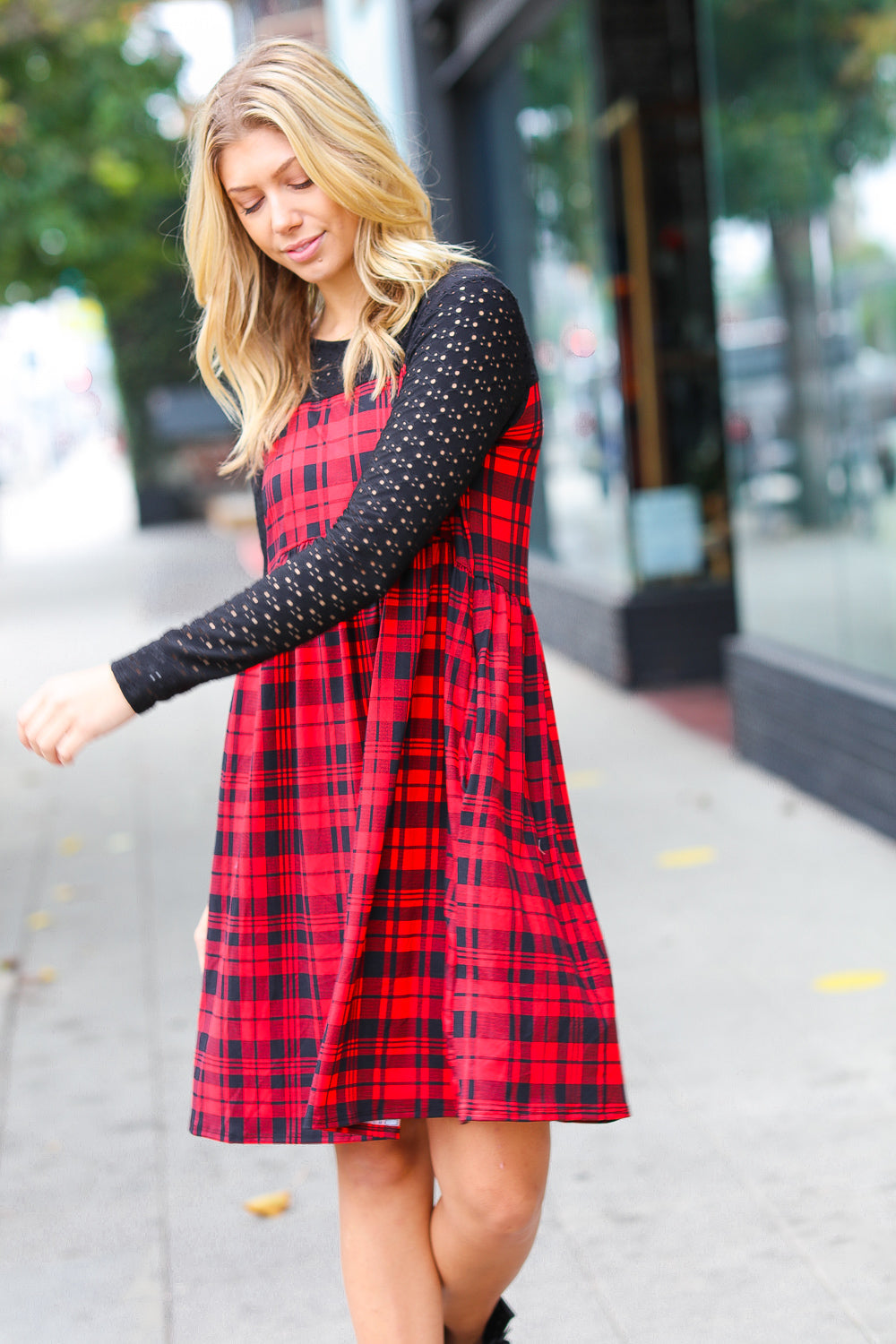 Checking In Checker Plaid Eyelet Midi Dress