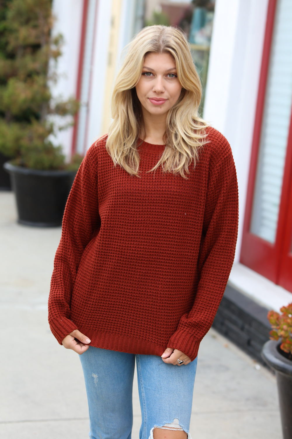All Put Together Waffle Knit Hi-Low Sweater • Dark Rust